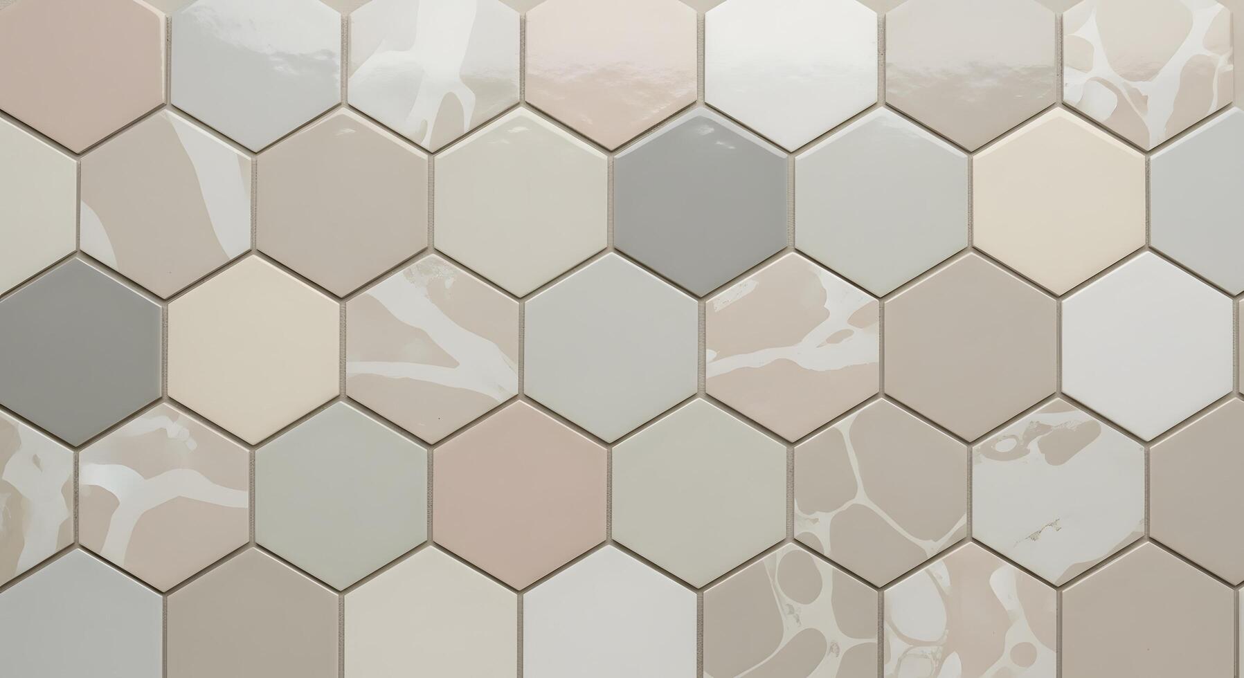 Seamless geometric pattern of hexagonal tiles in subtle, earthy tones with a marbled effect photo