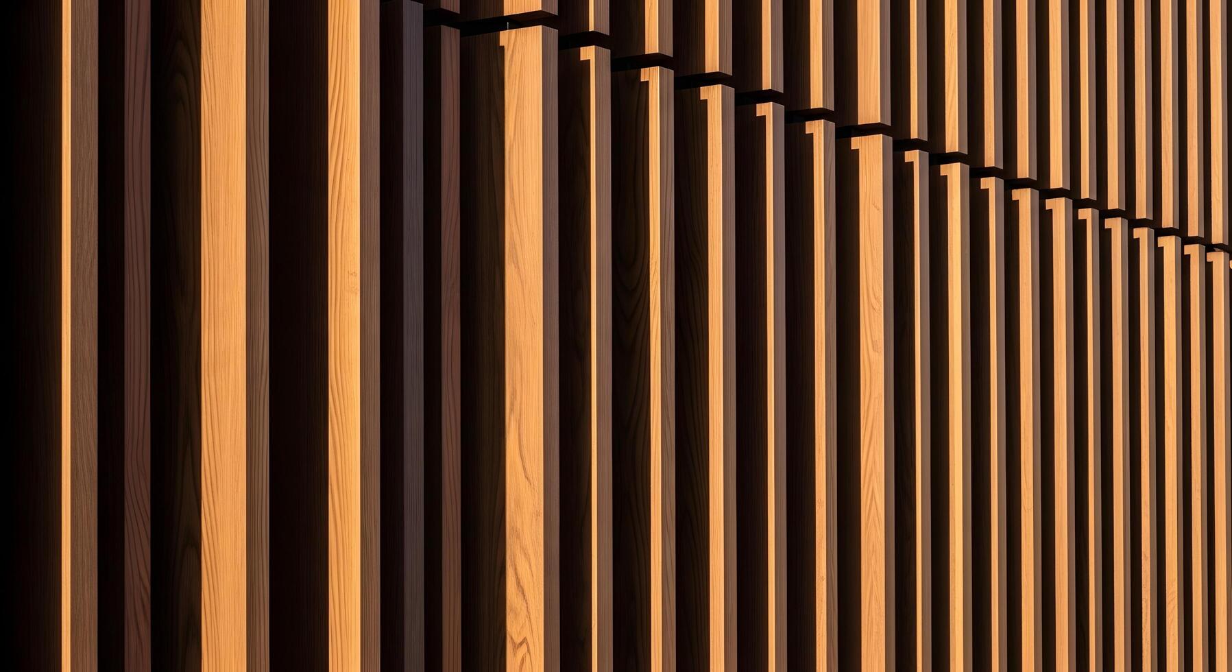 Abstract view of a contemporary building wall featuring an array of meticulously arranged wooden panels, bathed in golden hour light, accentuating the geometric design and rich material texture photo