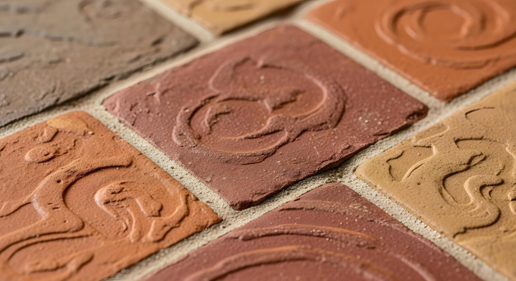 Close-up view of richly textured ceramic tiles in earthy tones, featuring intricate embossed patterns that create a decorative surface ideal for interior design and architectural backgrounds photo