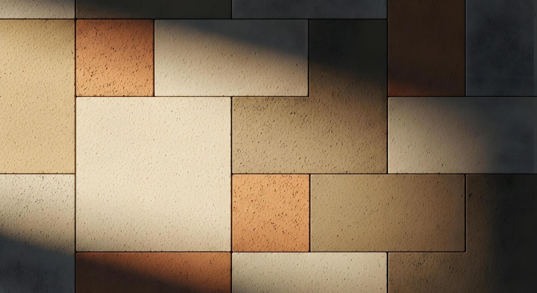 Abstract geometric wall surface illuminated by soft sunlight, showcasing a harmonious blend of textured rectangular and square tiles in natural earthy tones photo