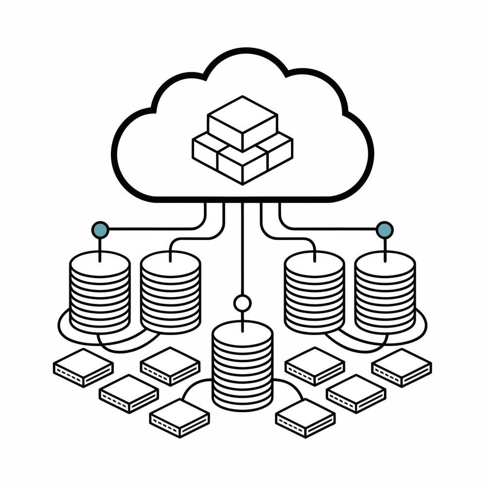 Abstract Black and Teal Cloud Computing Data Storage System Illustration Featuring a Cloud Icon Connected to Multiple Servers and Data Cubes via Lines Depicting Data Transfer vector