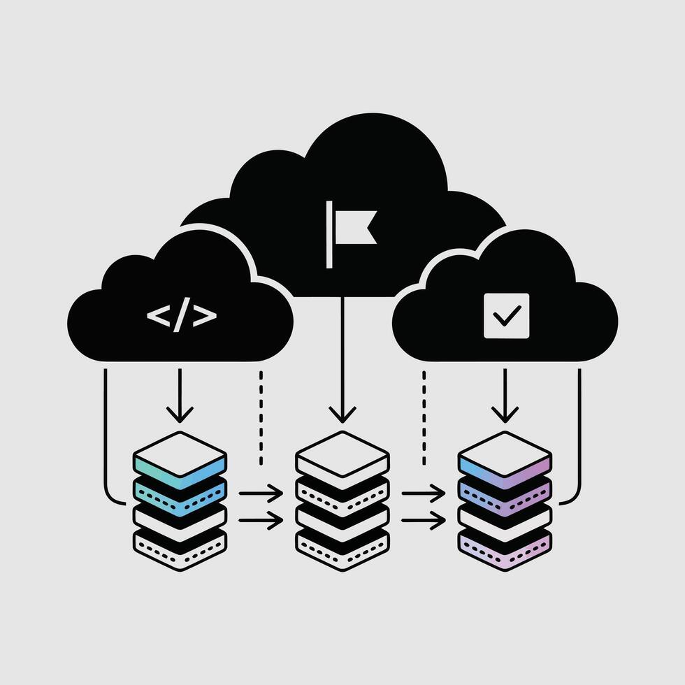 Abstract Black White Blue Purple Gradient Cloud Computing System Illustration Three Servers Data Transfer Multi Environment System Design Showing Three Servers Receiving Data vector