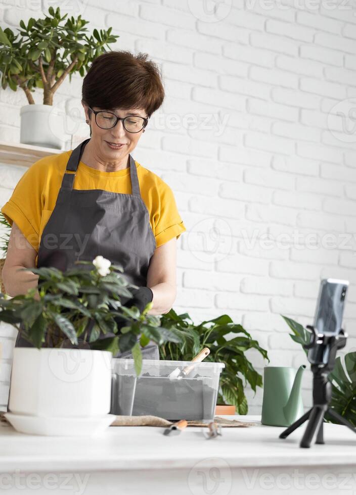 Middle aged woman blogger in front of smartphone camera on tripod records instructional tutorial for her blog shoots process of replanting flowers and plants full of soil enjoys botanic hobby photo