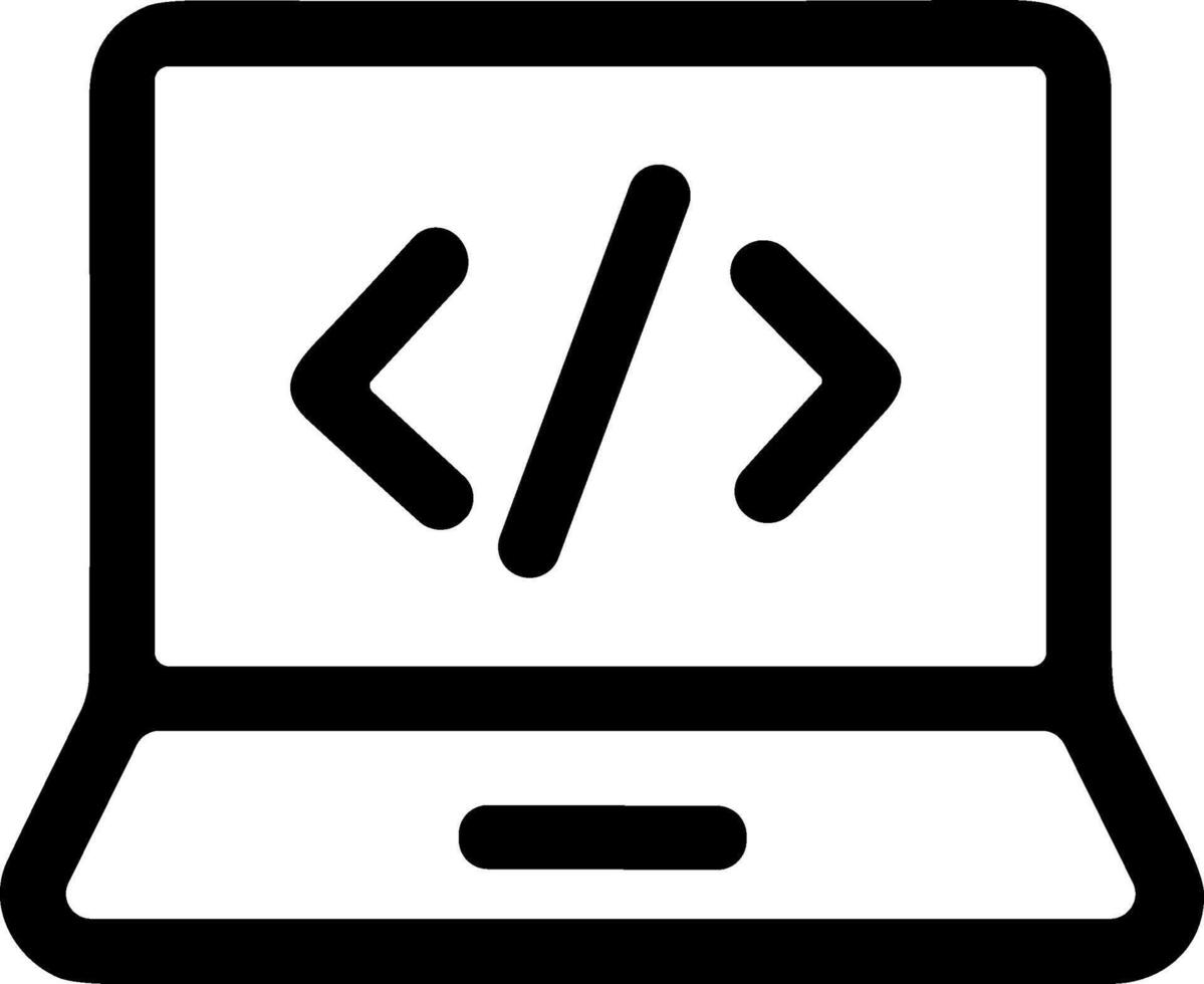sencillo línea estilo ordenador portátil con código símbolo para software desarrollo icono vector
