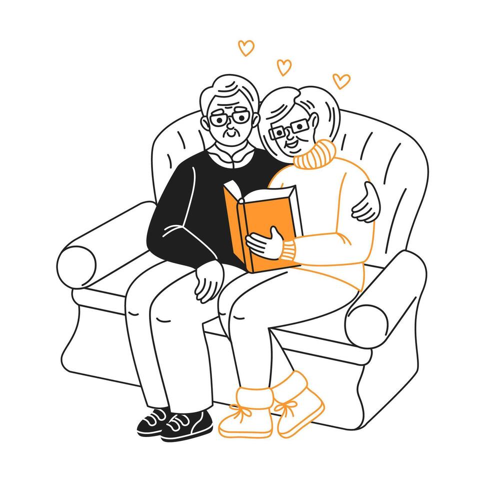 Illustration of a senior couple sitting closely on a sofa, sharing a book and enjoying each others company. They appear content and connected in a peaceful setting. vector