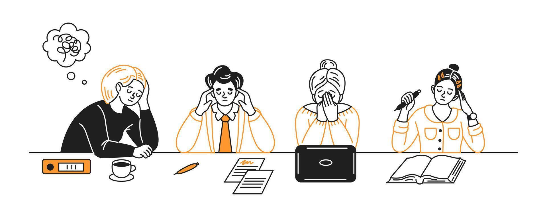 Illustration of four individuals displaying stress at a workspace. Each shows different expressions of fatigue or overwhelm. Minimalistic style with warm colors. vector
