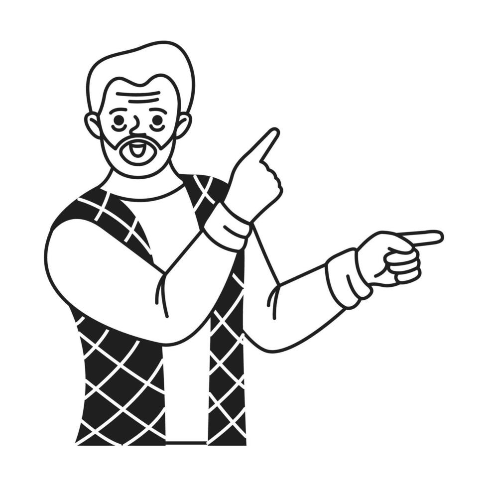Line drawing of a smiling man with a beard pointing in opposite directions. The man wears a patterned vest and has a cheerful expression on his face. vector