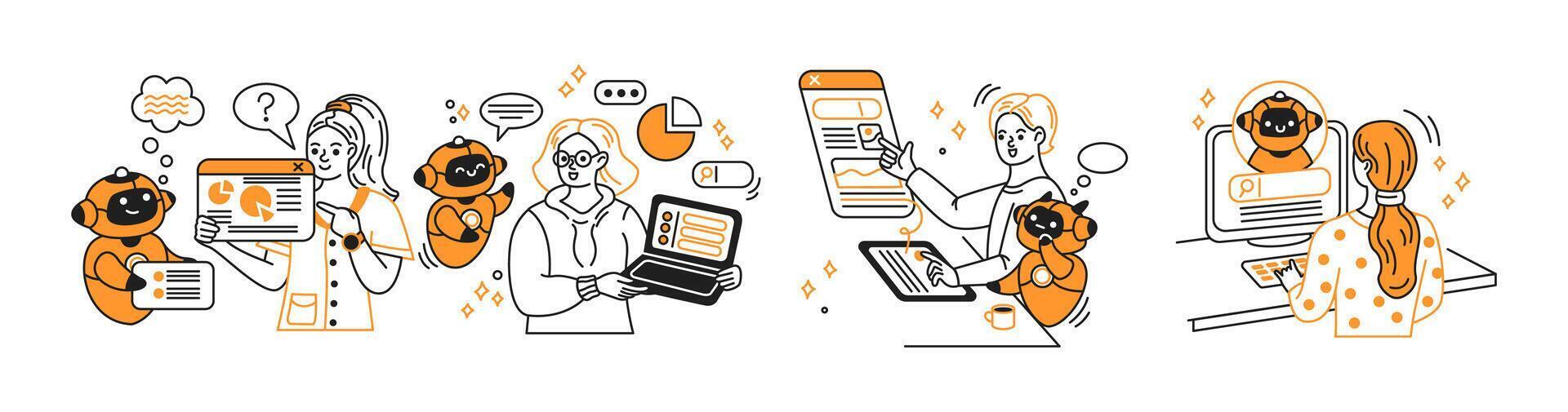 Illustration of friendly artificial intelligence and diverse professionals working collaboratively. They analyze data, interact with technology, and discuss ideas in a sleek office setting. vector