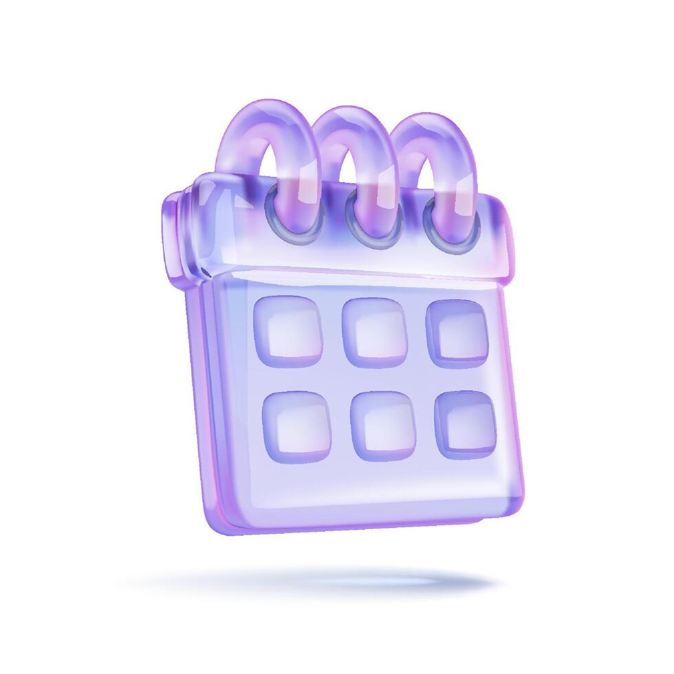 3D illustration of a purple and calendar icon with a spiral binding on a white background. The design gives a modern and sleek appearance. vector
