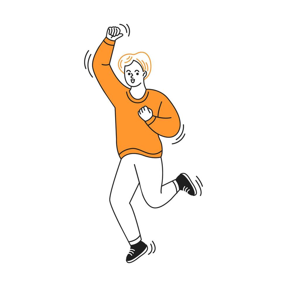 Cheerful character in an orange sweater jumps energetically on a white background. The simplistic line art style conveys playful and lively movement and expression. vector