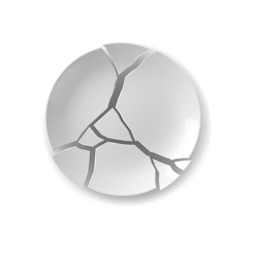 White plate with cracks in abstract style on a plain white background. The design represents fragility and imperfection in minimalist aesthetics. vector