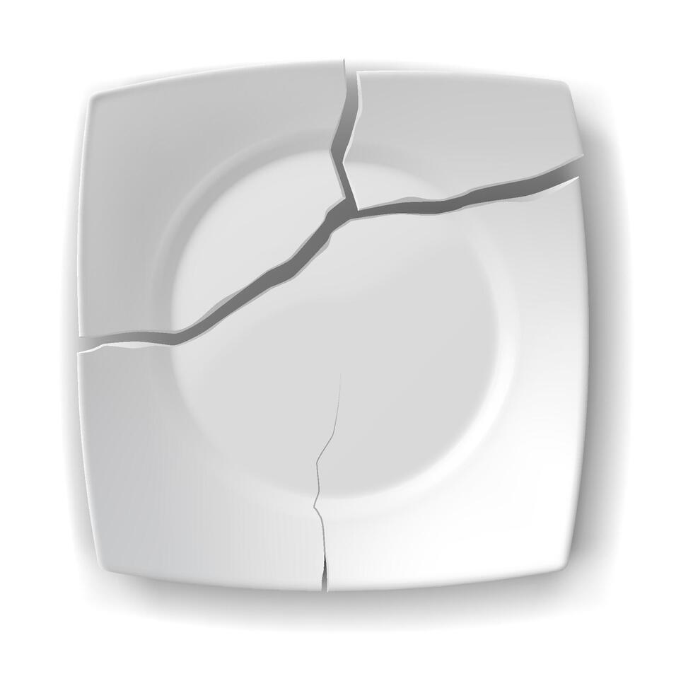Realistic illustration of a white plate with visible cracks. Neutral backdrop. Symbolizes breakage and fragility. Useful for kitchenware and repair themes. vector