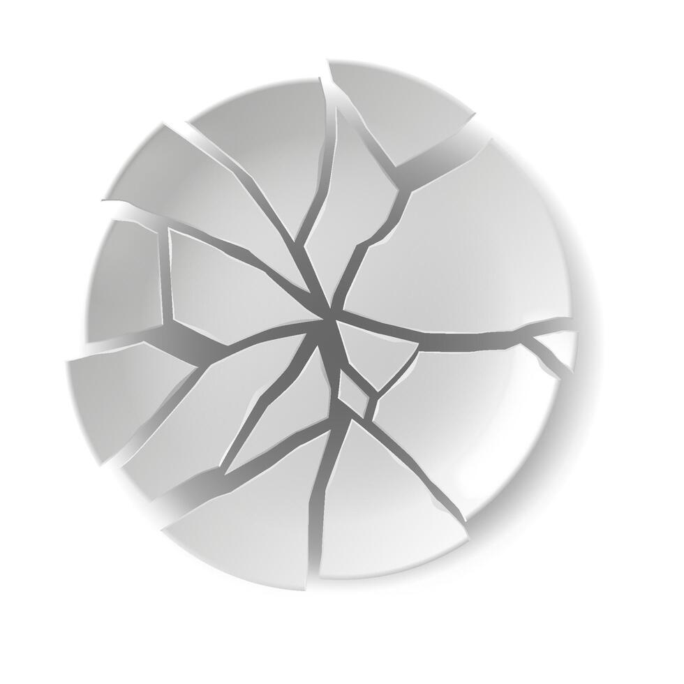 Fragmented plate design with cracks in grayscale. Represents concepts of damage and fragility on a clean white background. Suitable for visual metaphors. vector