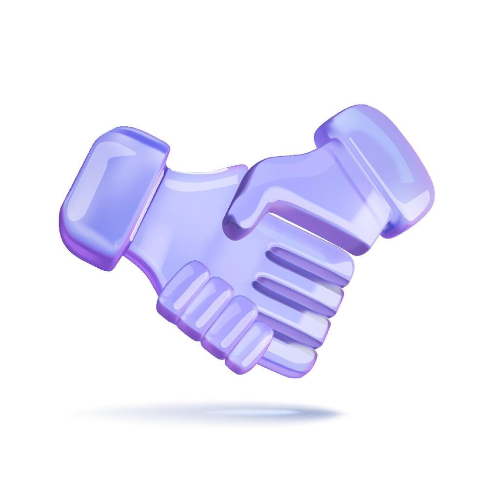 Digital illustration of 3D glossy purple hands shaking, representing partnership and cooperation in a stylized symbolic format on a white background. vector