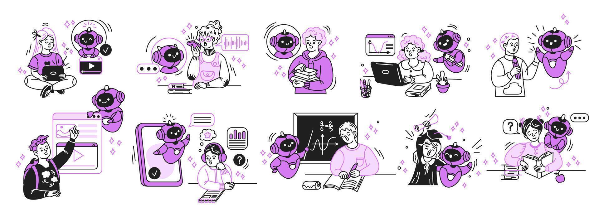 Illustration of characters interacting with technology and educational elements. Cartoon style with purple accents. Scene shows collaboration and learning in a digital setting. vector