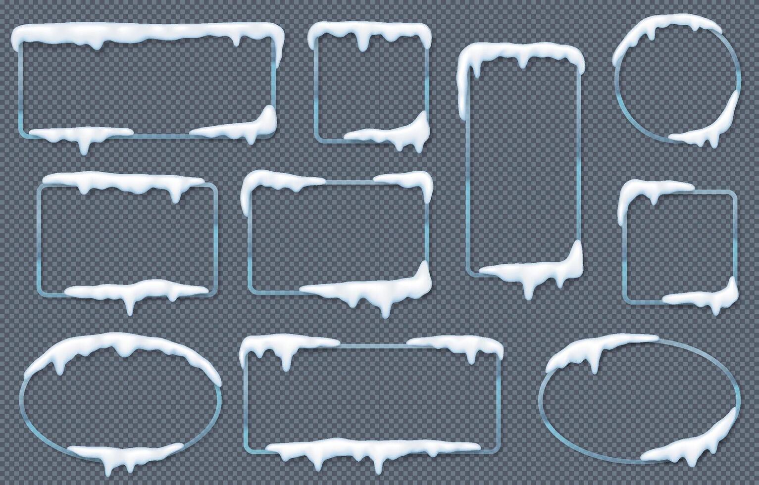 Set of winterthemed frames with frosted snow and ice edges. Various shapes including circles and rectangles. Designed on background for winter decor. vector