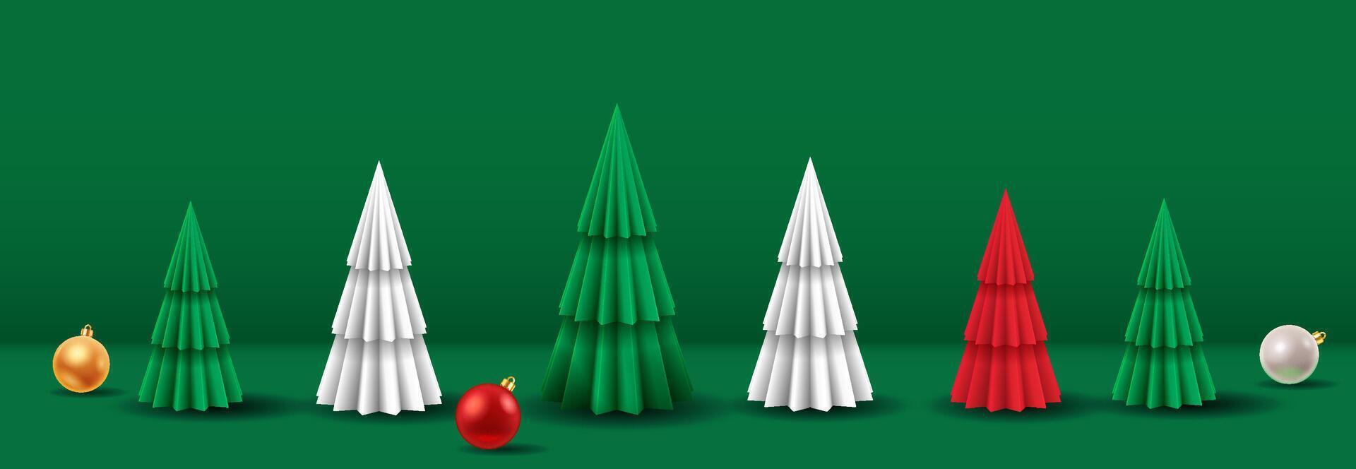 Colorful Christmas trees and ornaments create a festive scene. The trees are arranged in a row with a green background. Ideal for holiday decorations. vector