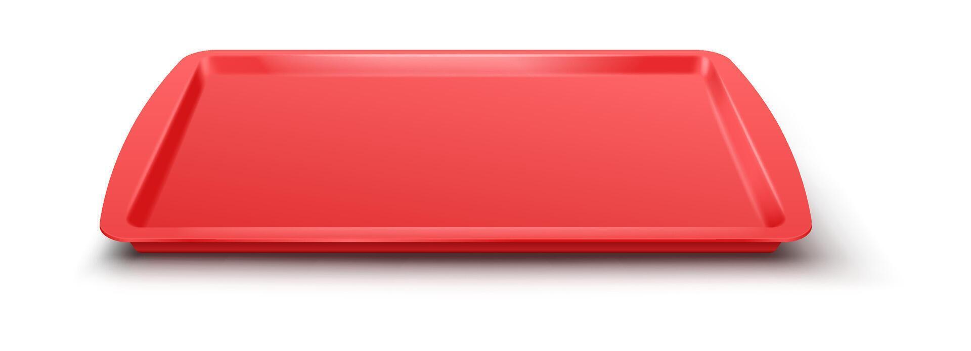 A vibrant red plastic tray is placed against a clean white backdrop. The trays minimalist design features smooth edges and a glossy surface, ideal for serving. vector