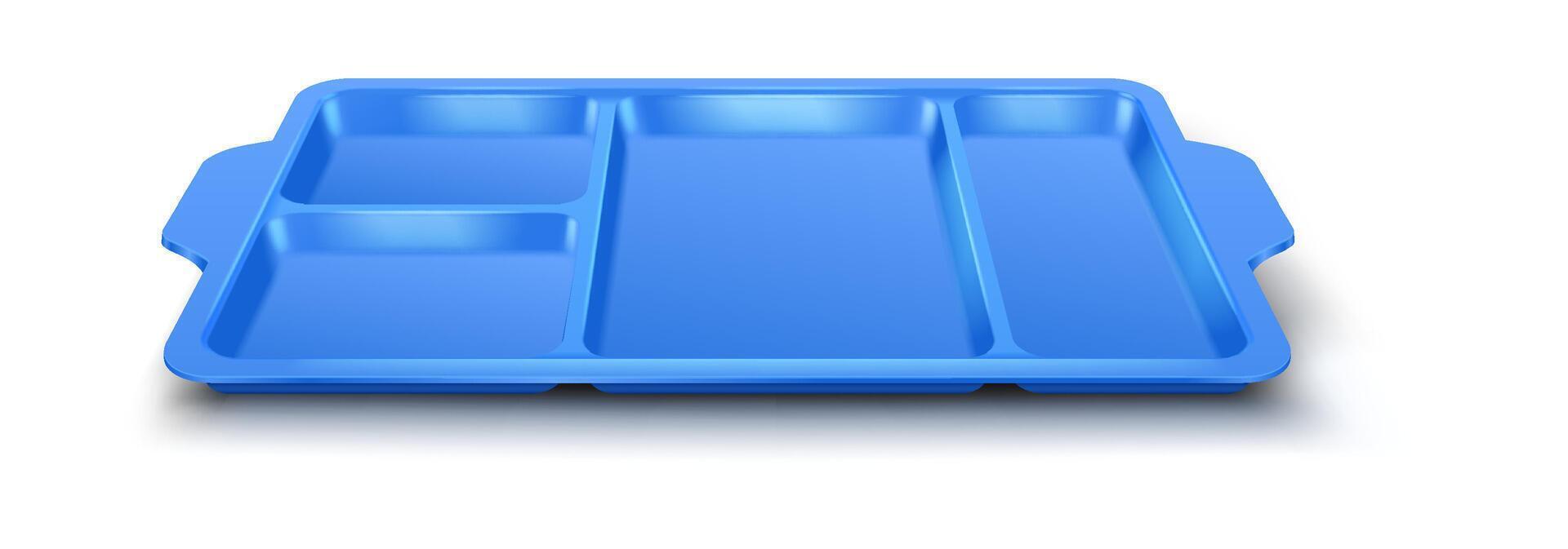 A blue rectangular serving tray with multiple compartments on a white surface. Designed for organized meal presentation, perfect for buffets or personal use. vector