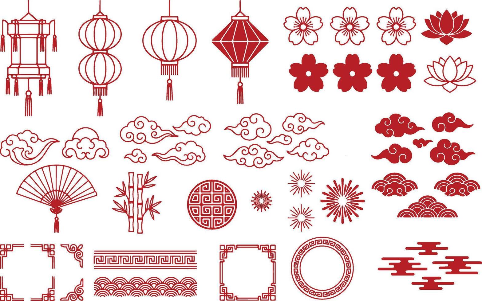 Chinese Traditional Elements Set Lantern Clouds Flowers Bamboo Patterns Frame Line Art Design vector