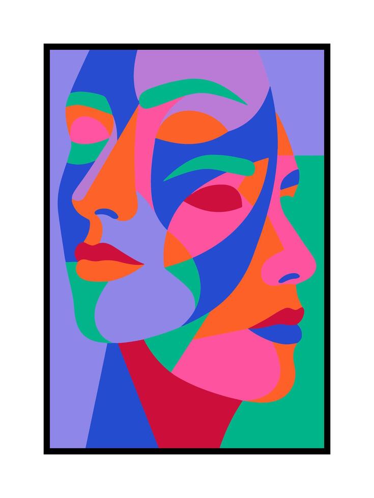 Trio of Neon Faces in Overlapping Modern Pop Shapes vector