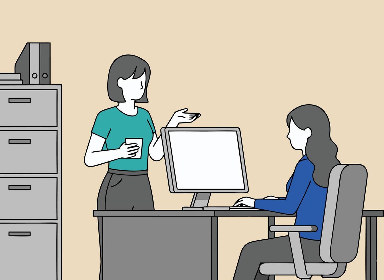 Two women collaborating in office, discussing work by computer vector