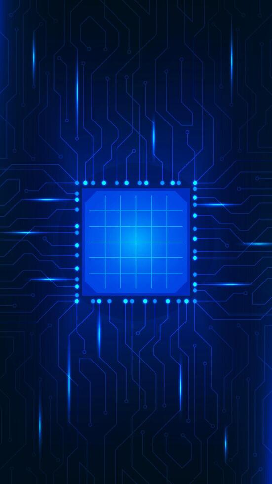 Blue glowing electronic circuit board microchip vertical abstract futuristic technology background vector