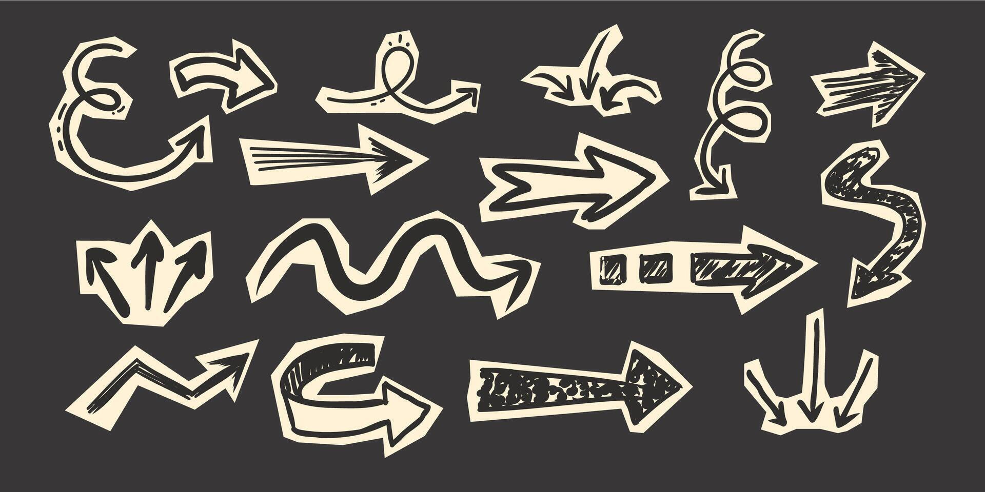 Scrapbook with paper arrow cutout torn doodle scribble collage elements. Y2k swirl, up and down, right and left arrow collection. vector
