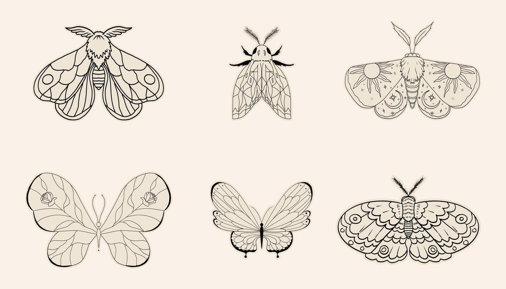 Celestial moth set, butterfly line magic mystical tattoo. Universe wing moth. Celestial occult moon sketch. Line animal drawing design. Esoteric totem boho insect with space wings. vector