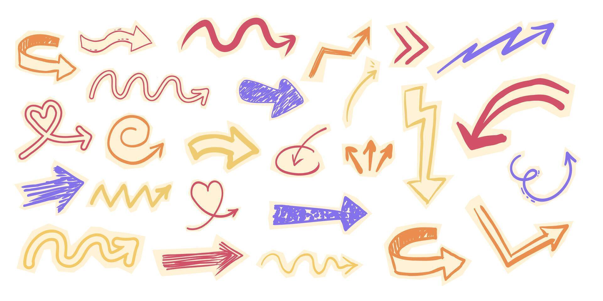 Scrapbook with paper arrow cutout torn doodle scribble collage elements set. Y2k swirl, up and down, right and left arrow collection. vector