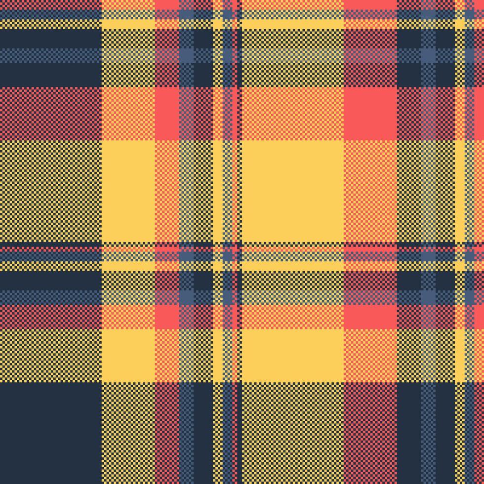 Pixelated plaid pattern. Vibrant digital textile design featuring intersecting lines. Ideal for backgrounds, web design, or retrothemed projects. Versatile and eyecatching. vector