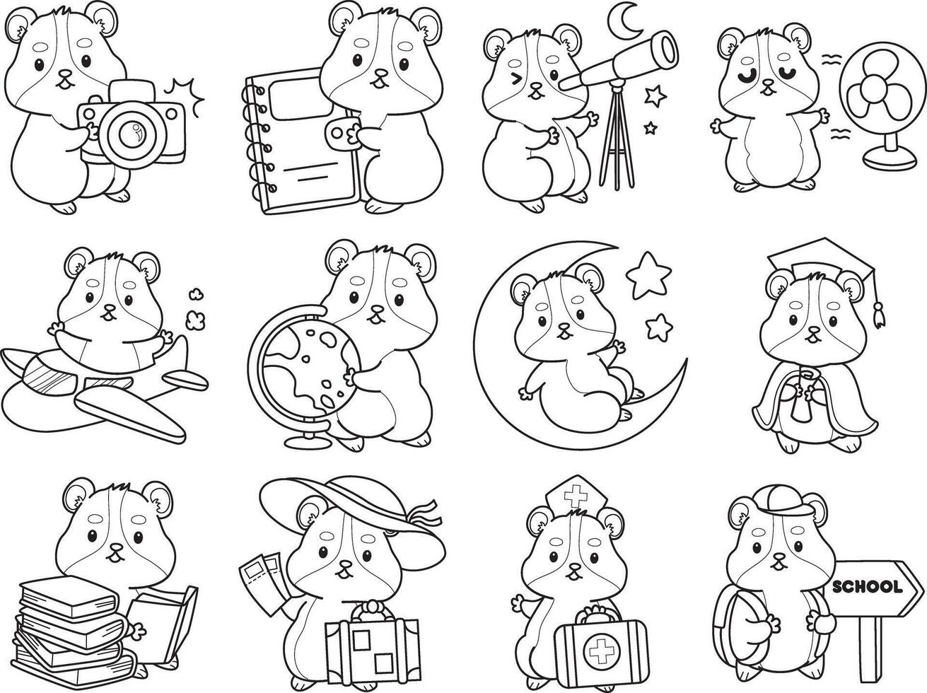 Coloring pages of Cute set of hamster sticker with activity. Outline of hamster in the variation of smart and education vector