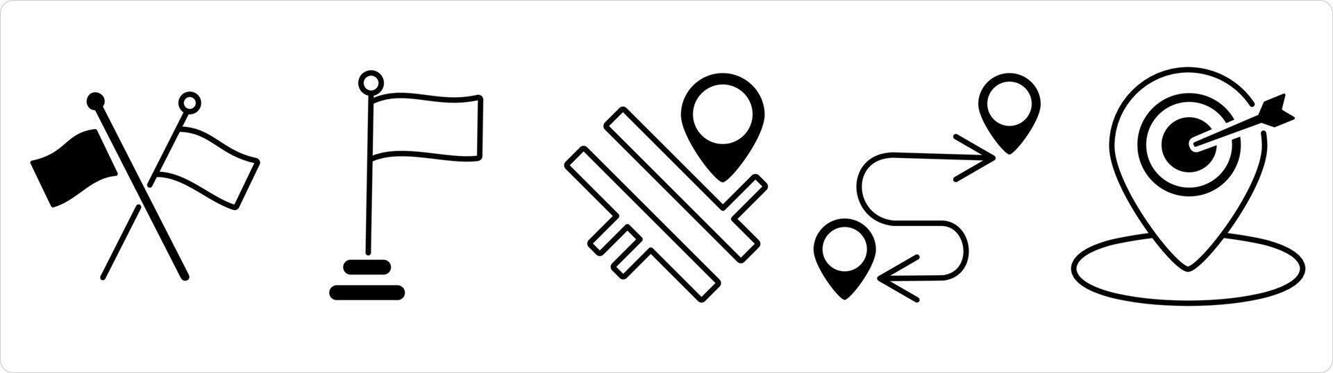 A set of 5 business icon as cross flag, flag, road map, route map in black line color vector