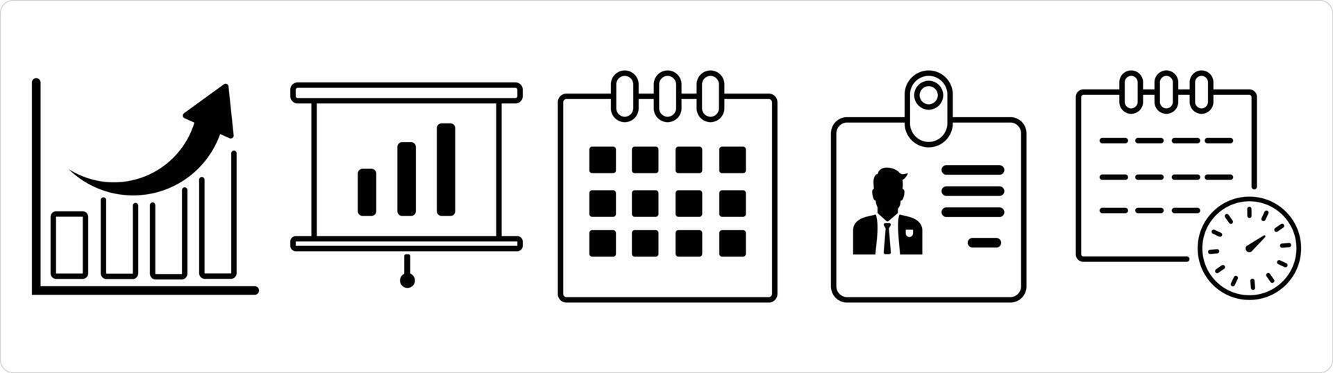 A set of 5 business icon as growth, presentation, calendar in black line color vector