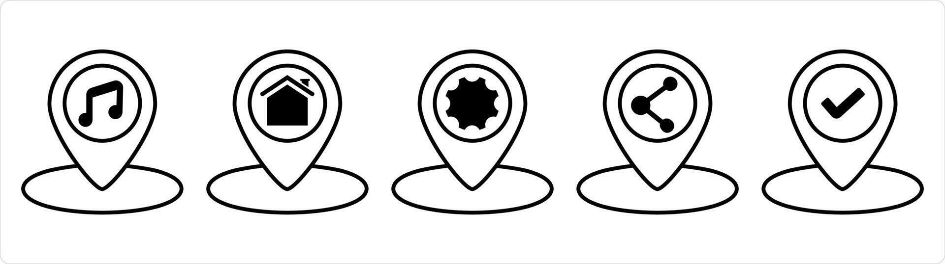 A set of 5 business icons as music location, home location, location setting in black line color vector