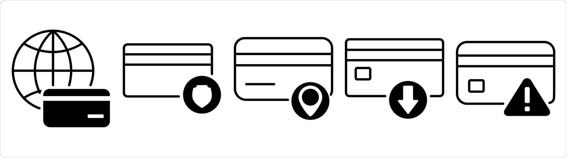 A set of 5 business icons as global card, card security, card location in black line color vector