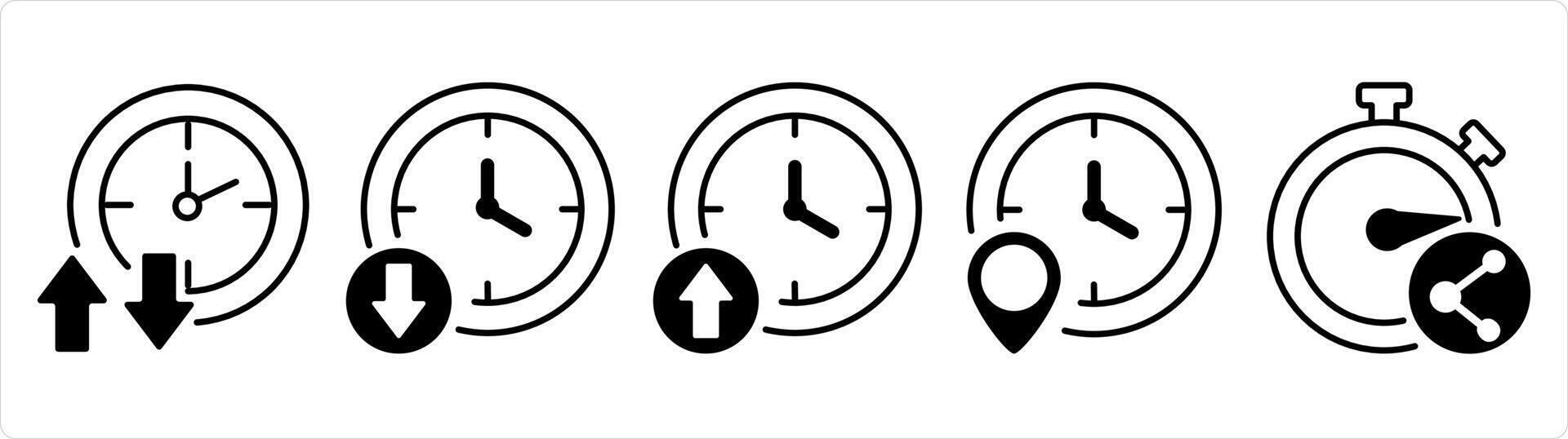 A set of 5 business icons as synchronize time, up time, down time in black line color vector