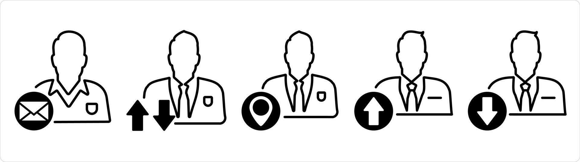 A set of 5 business icons as business message, synchronization profile, business location in black line color vector