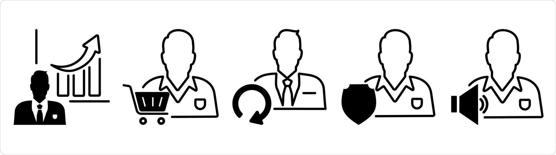 A set of 5 business icons as business growth, store owner, update user in black line color vector