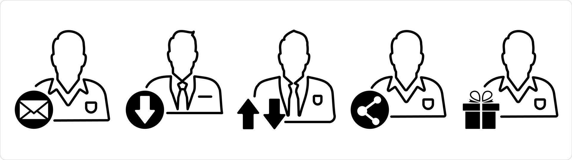 A set of 5 business icons as business message, download profile, synchronization profile in black line color vector