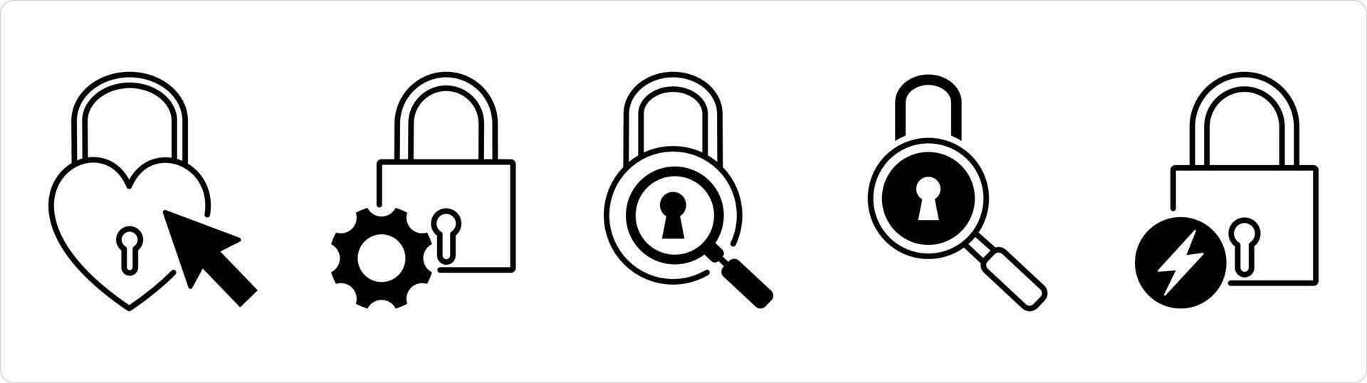 A set of 5 business icons as heart, lock setting, lock search in black line color vector