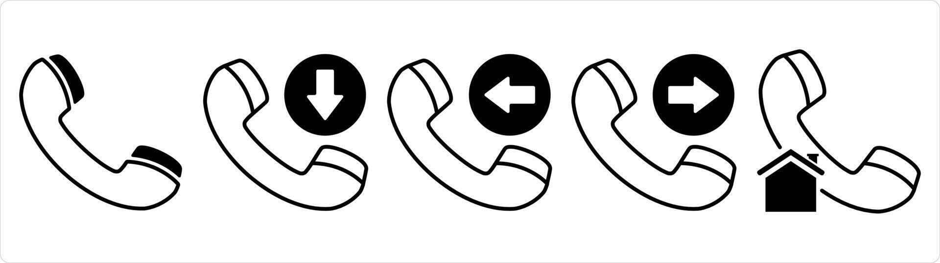A set of 5 contact icons as call, cut call, receive call in black line color vector