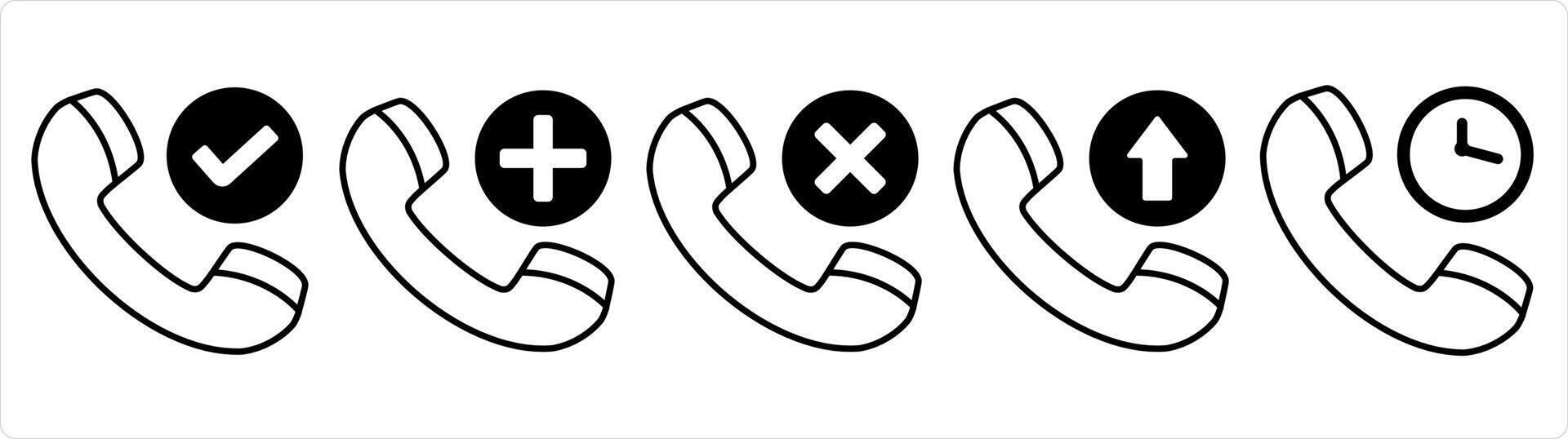A set of 5 contact icons as right call, add call, remove call in black line color vector