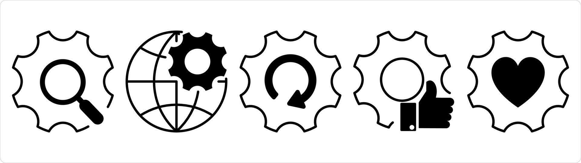 A set of 5 contact icons as setting search, global setting, like settings in black line color vector