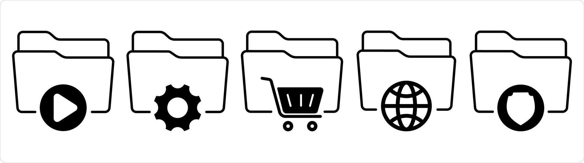 un conjunto de 5 5 documento íconos como carpeta, carpeta configuración, compras carpeta en negro línea color vector