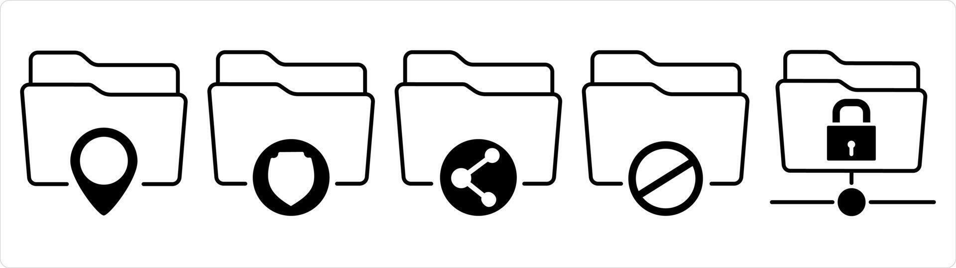 A set of 5 document icons as folder location, folder security, share folder in black line color vector