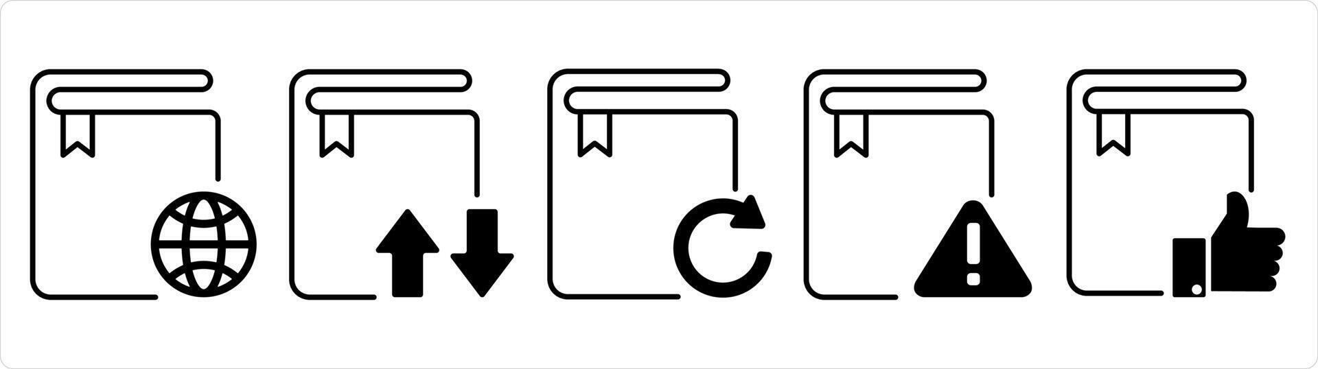 A set of 5 document icons as global book, synchronize book, update book in black line color vector