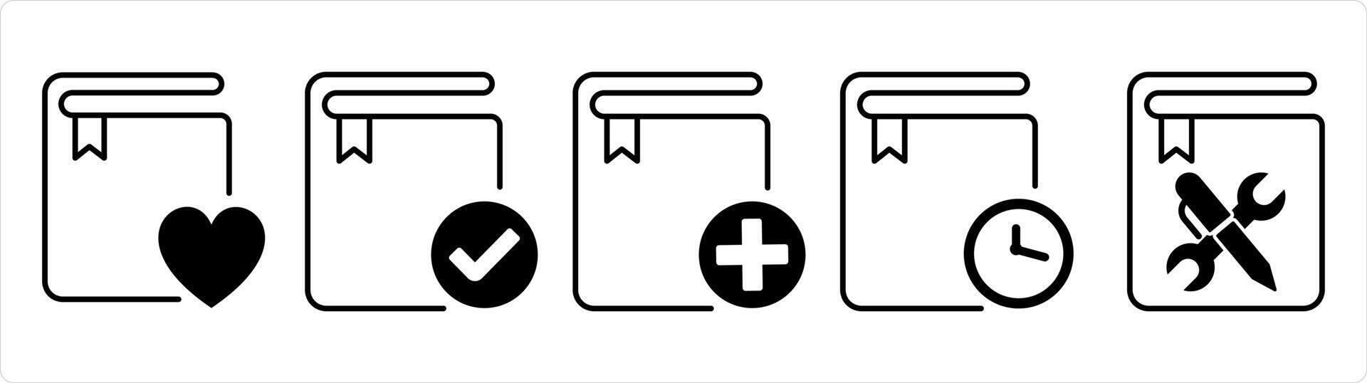 un conjunto de 5 5 documento íconos como favorito libro, aprobado libro, añadir libro en negro línea color vector