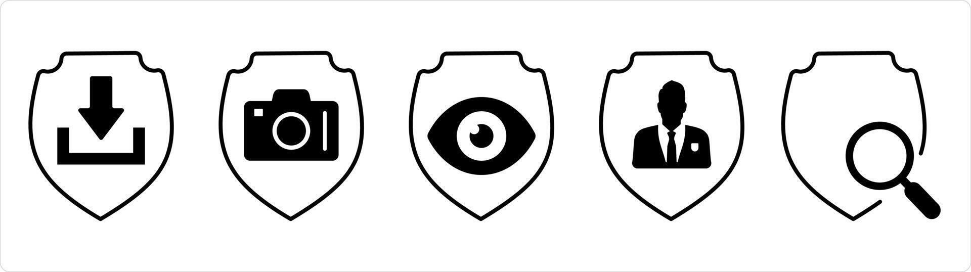 A set of 5 internet icons as download shield, camera security, view shield in black line color vector