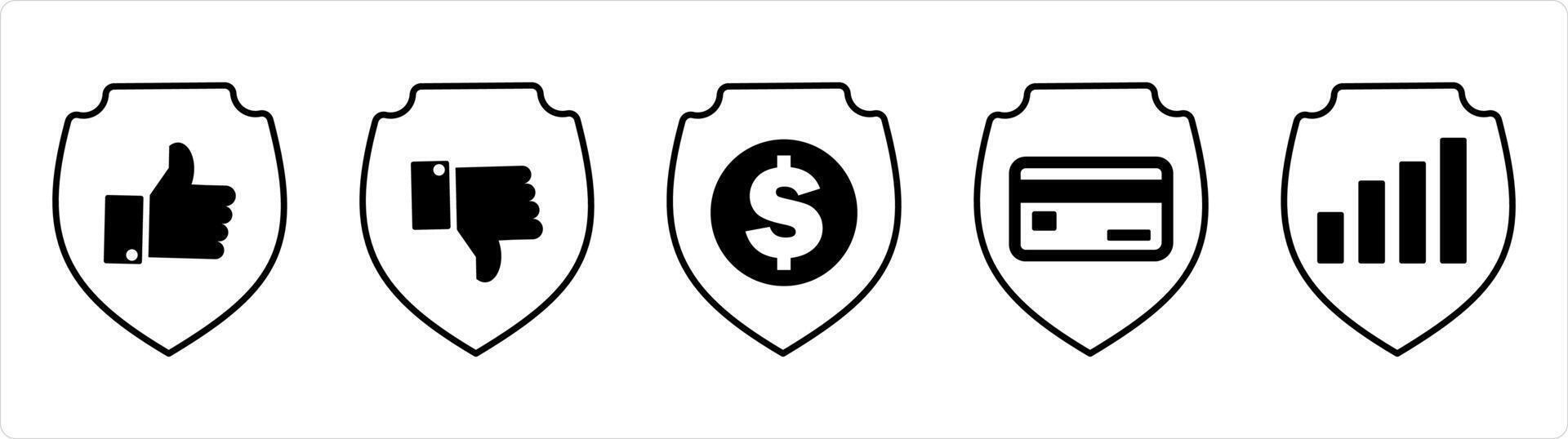 A set of 5 internet icons as approved security, dislike security, money security in black line color vector